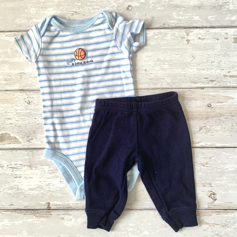 Baby Boy Newborn NB Outfit Basketball Onesie Pants Blue Navy Stripes Set